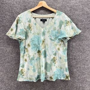 Richards Blouse Women 14 Blue Floral V-Neck Short Sleeve Lined Pullover Casual
